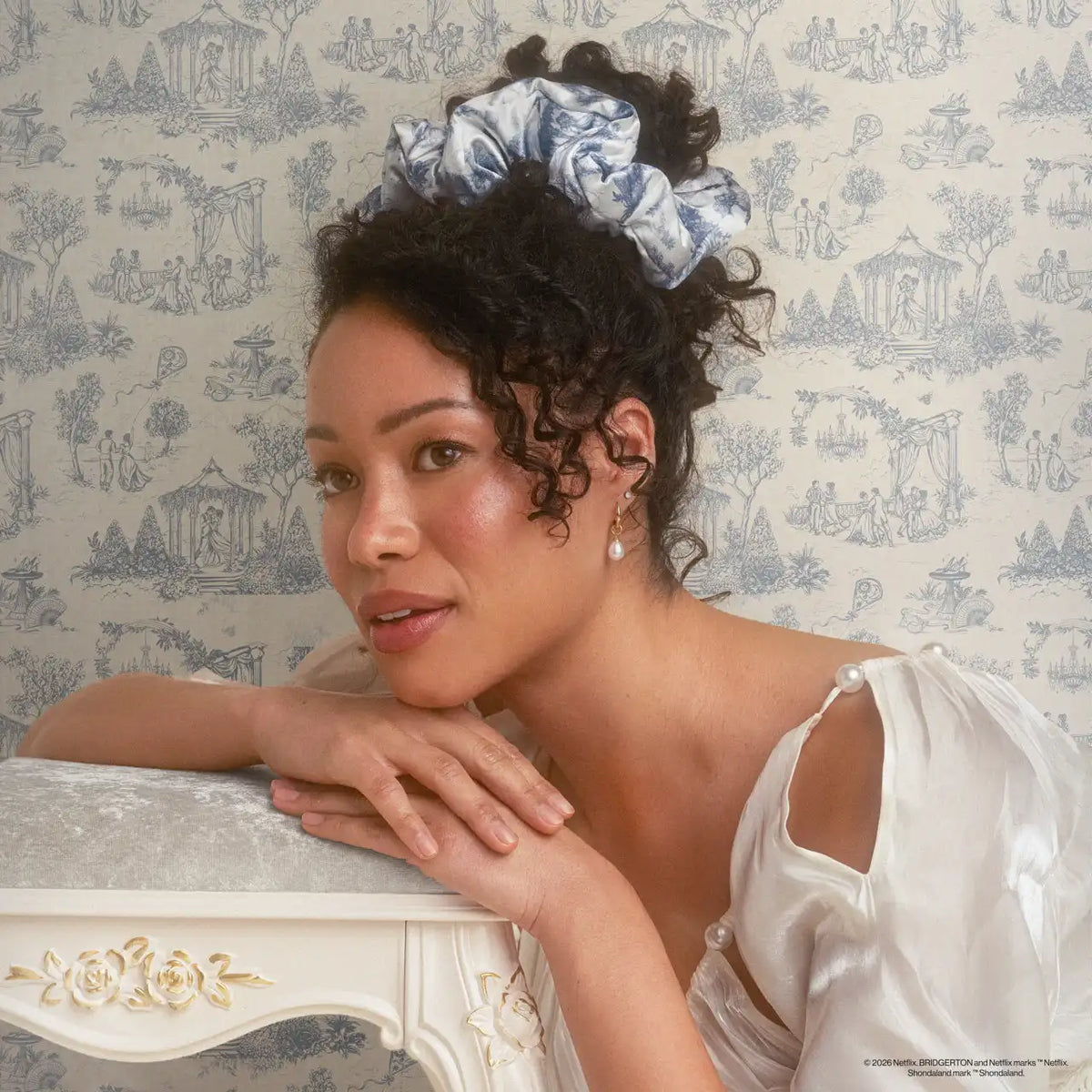 Bridgerton x Kitsch Satin Pillow Scrunchies® in Toile in Bloom